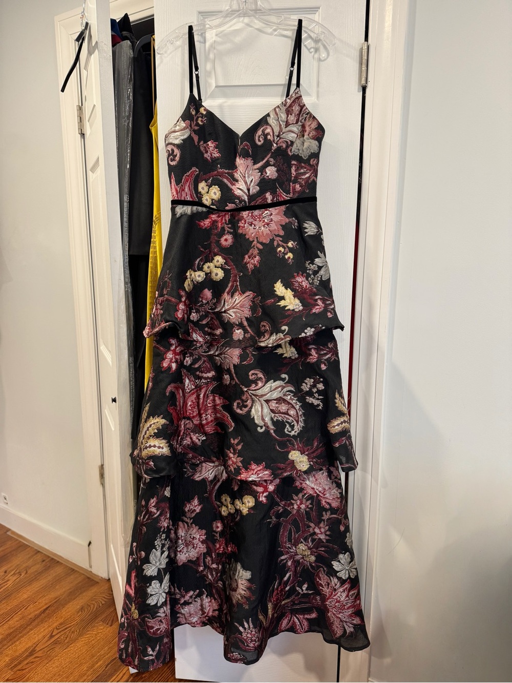 Floral Tiered Black and Burgundy Evening Dress